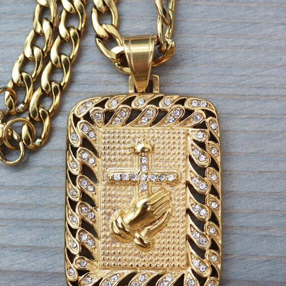 Praying Hands/Cross with Rhinestones Rectangular Shape Pendant Necklace - Picture 2 of 3